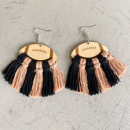 Fringe Detail Football Shape Wooden Dangle Earrings Black Peach One Size