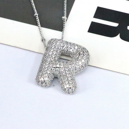 Copper Inlaid Zircon Letter Pendant Necklace Style R One Size