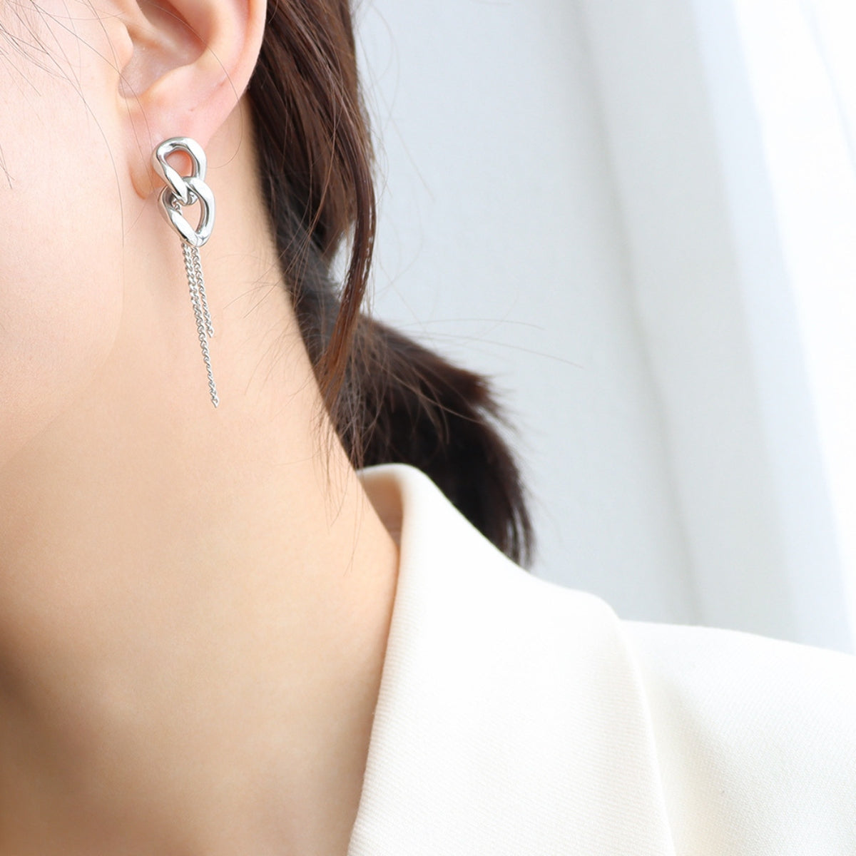 Titanium Steel Chain Shape Earrings Silver One Size