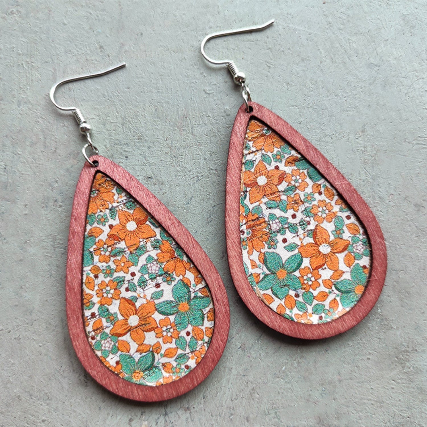 Floral Wood Teardrop Earrings Turquoise One Size