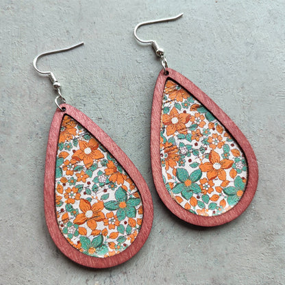 Floral Wood Teardrop Earrings Turquoise One Size