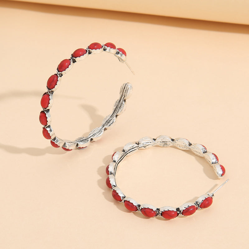 Artificial Turquoise C-Hoop Earrings Red One Size