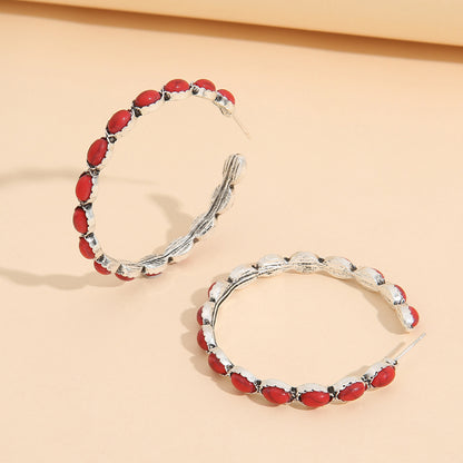 Artificial Turquoise C-Hoop Earrings Red One Size