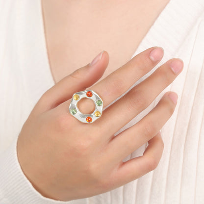 Titanium Steel Glass Bead Ring Silver 7
