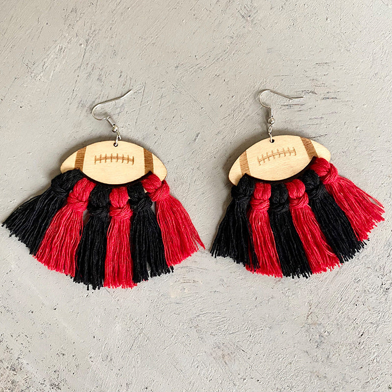 Fringe Detail Football Shape Wooden Dangle Earrings Black Red One Size