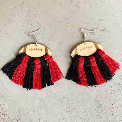 Fringe Detail Football Shape Wooden Dangle Earrings Black Red One Size