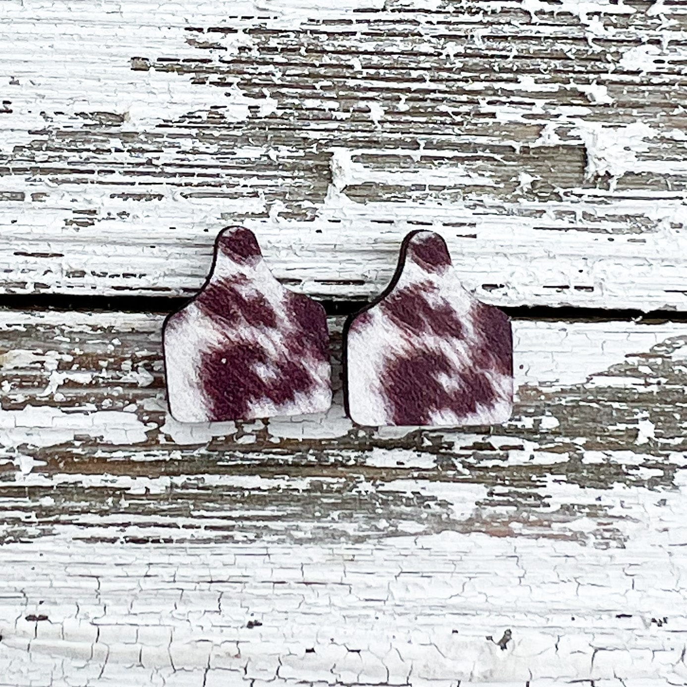Wooden Brown Cow Tag Earrings