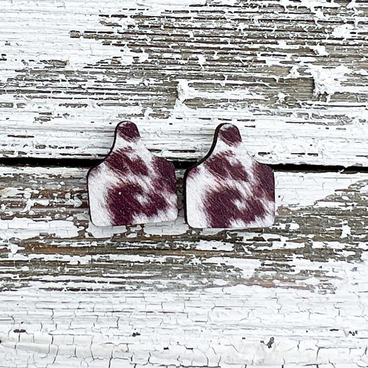 Wooden Brown Cow Tag Earrings