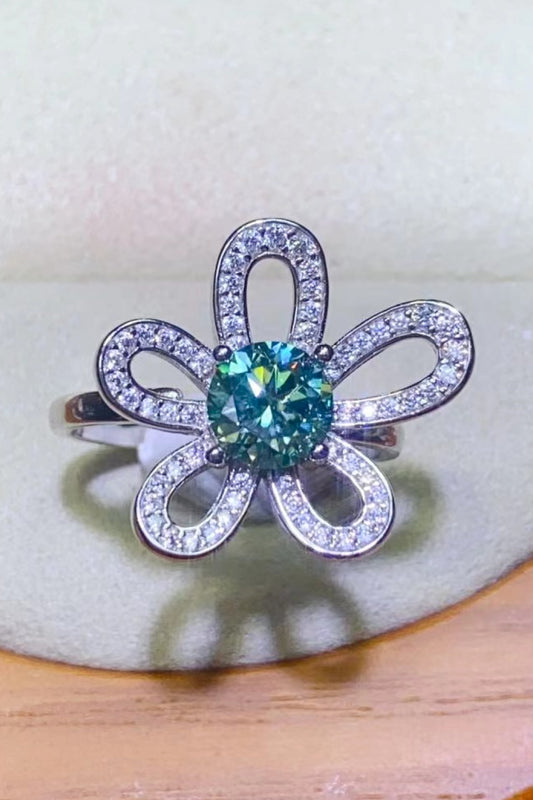 1 Carat Moissanite Flower Shape Open Ring Light Green One Size