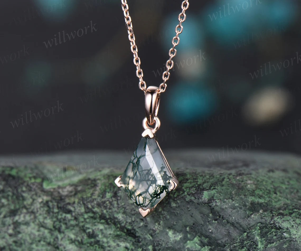 Kite natural moss agate necklace solid 14k 18k rose gold vintage unique Personalized pendant for women her anniversary bridal gift mother