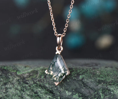Kite natural moss agate necklace solid 14k 18k rose gold vintage unique Personalized pendant for women her anniversary bridal gift mother