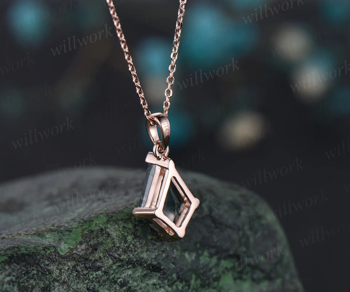 Kite natural moss agate necklace solid 14k 18k rose gold vintage unique Personalized pendant for women her anniversary bridal gift mother