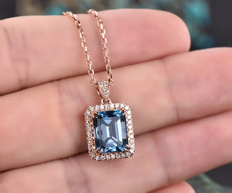 London blue topaz necklace blue topaz necklace 14k rose gold pendant December birthstone necklace dainty unique real diamond halo necklace