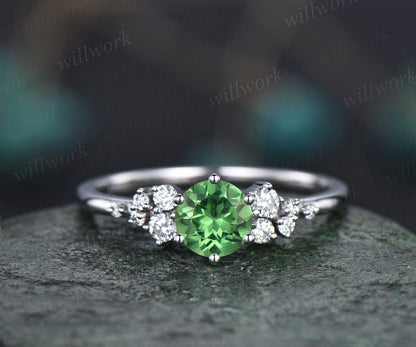 0.5ct Natural Tsavorite ring round cut Tsavorite engagement ring white gold snowdrift diamond ring 6 prong dainty unique wedding ring women