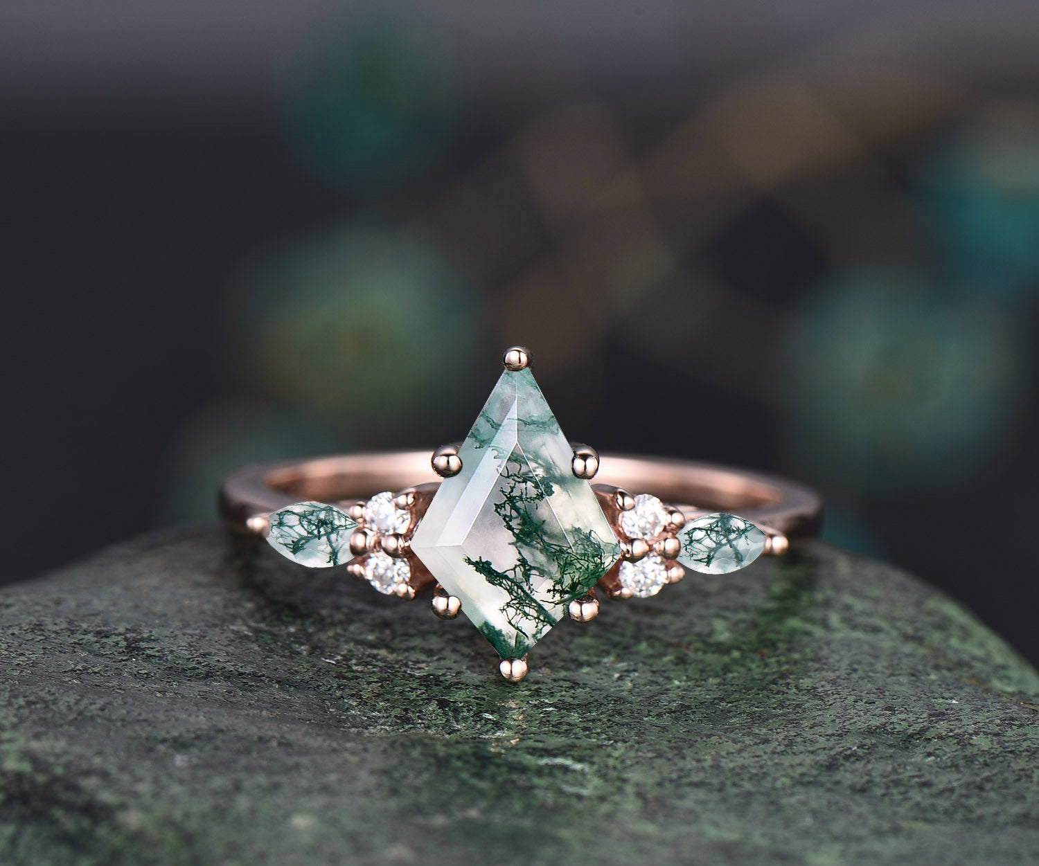 1.5ct Unique kite cut moss agate engagement ring set marquise cut moss agate ring vintage rose gold 6 prong diamond wedding ring set women 1pc main ring+D