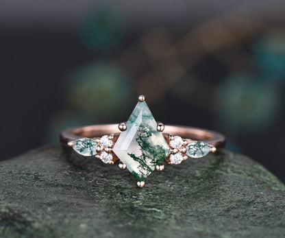 1.5ct Unique kite cut moss agate engagement ring set marquise cut moss agate ring vintage rose gold 6 prong diamond wedding ring set women 1pc main ring+D
