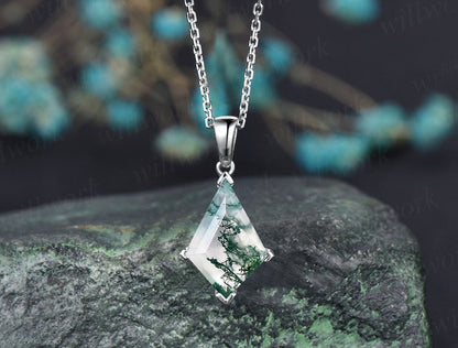 Kite natural moss agate necklace solid 14k 18k rose gold vintage unique Personalized pendant for women her anniversary bridal gift mother