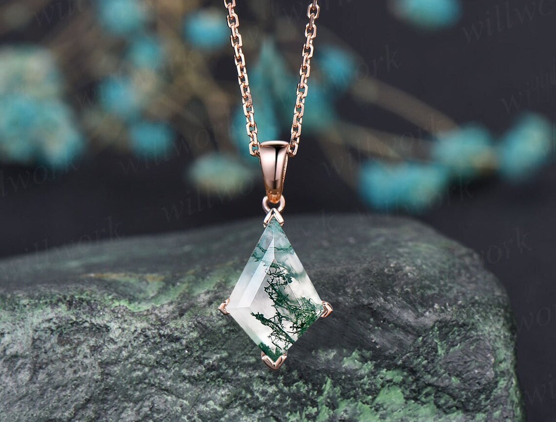 Kite natural moss agate necklace solid 14k 18k rose gold vintage unique Personalized pendant for women her anniversary bridal gift mother Solitaire
