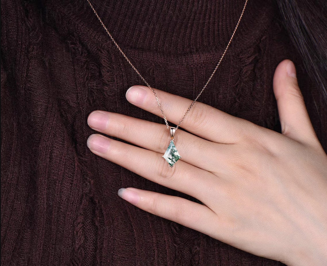 Kite natural moss agate necklace solid 14k 18k rose gold vintage unique Personalized pendant for women her anniversary bridal gift mother