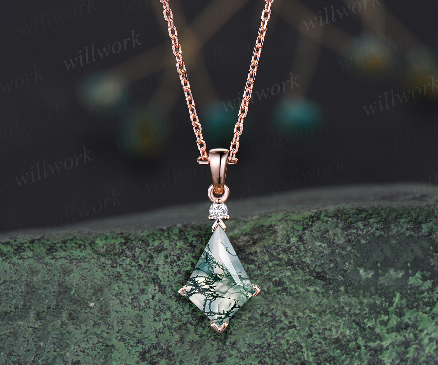 Kite natural moss agate necklace solid 14k 18k rose gold vintage unique Personalized pendant for women her anniversary bridal gift mother Moissanite