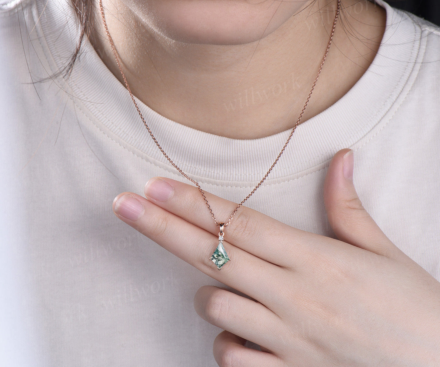 Kite natural moss agate necklace solid 14k 18k rose gold vintage unique Personalized pendant for women her anniversary bridal gift mother