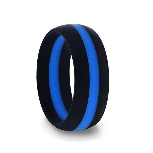 ZOLAN Matte Black Men's Silicone Ring With Vibrant Blue Colored Inlay - 8mm 8mm