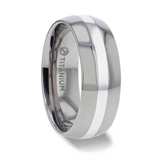ZILVER Silver Inlay Titanium Wedding Ring with Domed Polished Edges - 6mm & 8mm 8mm