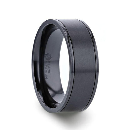 WOLFGANG Black Titanium Brushed Finish Men’s Wedding Ring with Polished Dual Offset Grooves – 6mm & 8mm 8mm