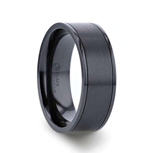 WOLFGANG Black Titanium Brushed Finish Men’s Wedding Ring with Polished Dual Offset Grooves – 6mm & 8mm 8mm