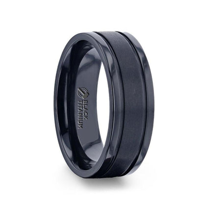 WOLVERINE Brushed Center Black Titanium Men's Wedding Band With Polished Dual Offset Grooves - 8mm 8mm
