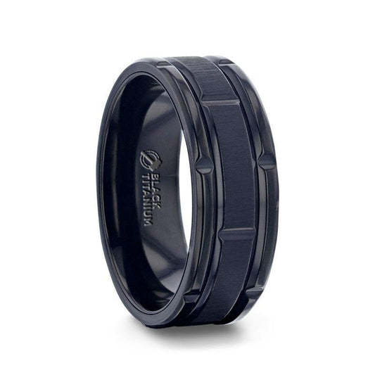 WYNN Alternating Grooves And Horizontal Etched Finish Black Titanium Men's Wedding Band With Alternating Grooved Beveled Polished Edges - 8mm 8mm