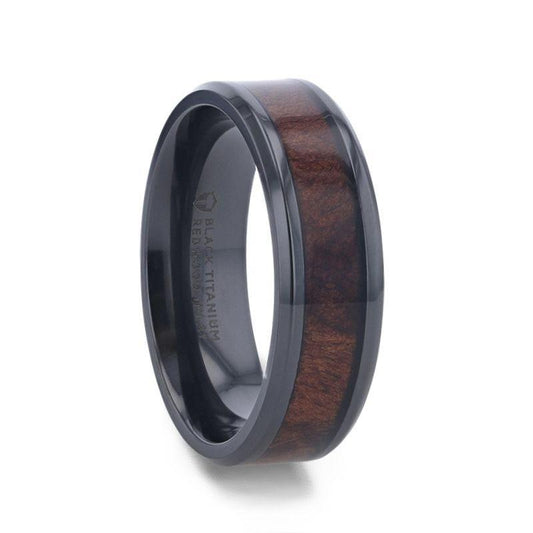YOSEMITE Redwood inlaid Clear Polished Coated Titanium Men's Wedding Band With Polished Beveled Edges - 8mm 8mm