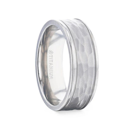 WILLIAM Hammered Finish Center White Titanium Men's Wedding Band With Dual Offset Grooves And Polished Edges - 8mm 8mm