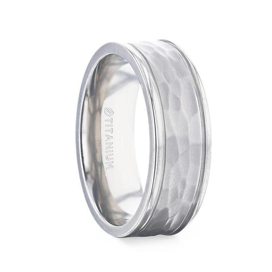 WILLIAM Hammered Finish Center White Titanium Men's Wedding Band With Dual Offset Grooves And Polished Edges - 8mm 8mm