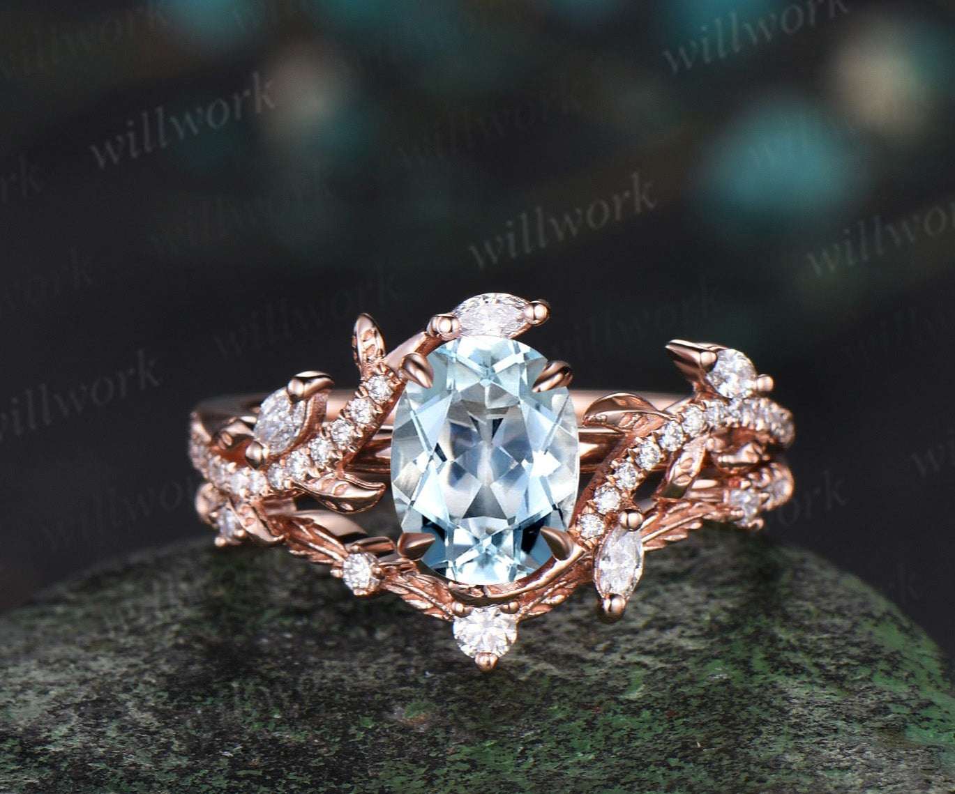 Vintage Oval aquamarine opal engagement ring rose gold art deco leaf nature inspired half eternity diamond anniversary ring women gift 2Pc ring set+D