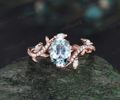 Vintage Oval aquamarine opal engagement ring rose gold art deco leaf nature inspired half eternity diamond anniversary ring women gift 1pc main ring+D