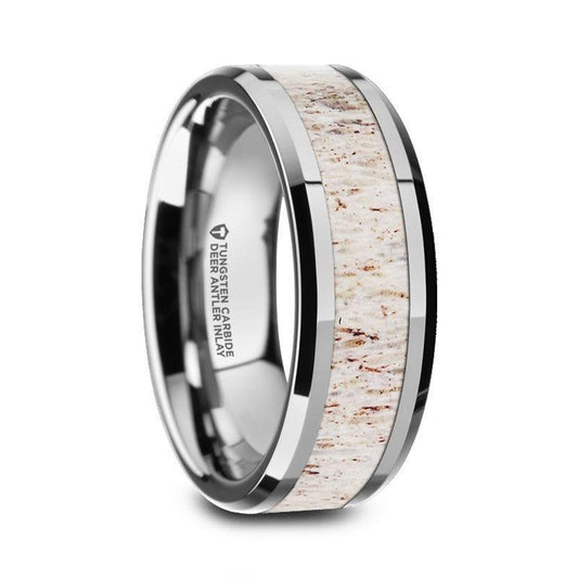 WHITETAIL Polished Beveled Tungsten Carbide Men's Wedding Band with Off-White Deer Antler Inlay - 8mm 8mm