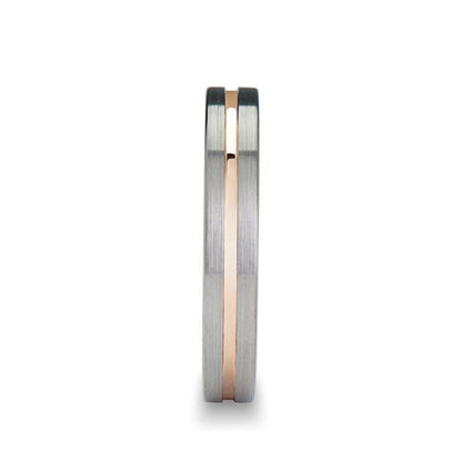 ZENA Flat Brushed Tungsten Ring with Rose Gold Channel — 4mm & 6mm
