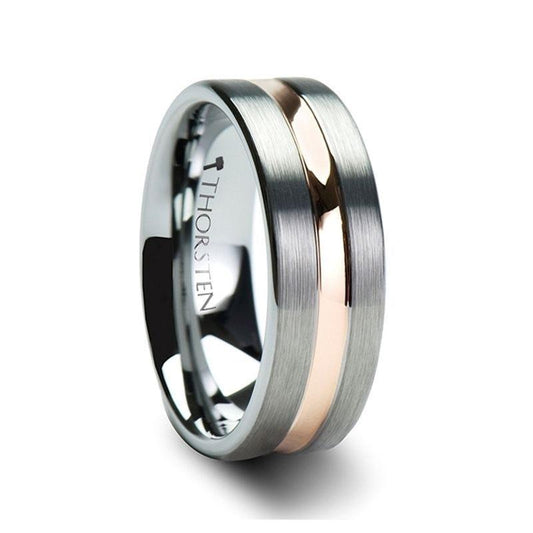 ZEUS Flat Brushed Tungsten Carbide Ring with Rose Gold-Plated Groove (4mm–10mm) 10mm