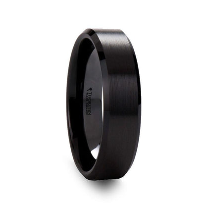 YORKSHIRE Brushed Black Ceramic Wedding Band with Polished Beveled Edges – 6mm or 8mm