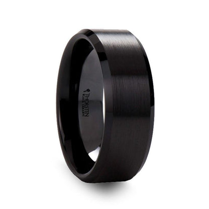 YORKSHIRE Brushed Black Ceramic Wedding Band with Polished Beveled Edges – 6mm or 8mm 8mm