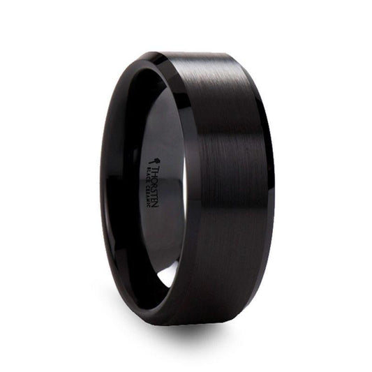YORKSHIRE Brushed Black Ceramic Wedding Band with Polished Beveled Edges – 6mm or 8mm 8mm