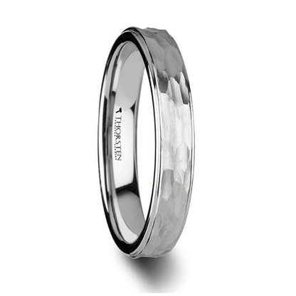 WINNIE Women's White Tungsten Ring with Raised Hammered Finish Center and Polished Step Edges - 4mm 4mm