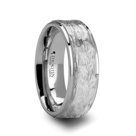 WINSTON White Tungsten Ring with Raised Hammered Finish and Polished Step Edges - 4mm - 10mm 10mm