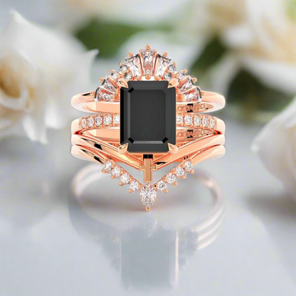 You Are Worth It- Black Emerald Cut Diamond Gothic Promise Ring Set Silver+Rose Gold Plating