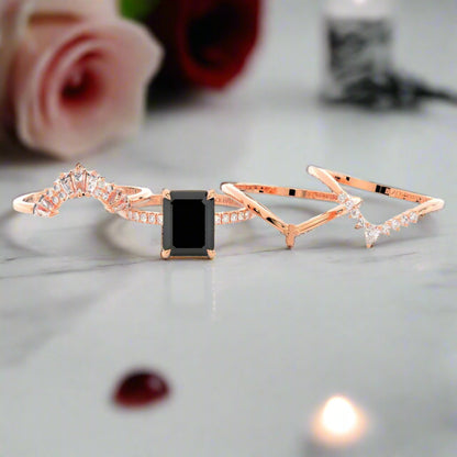 You Are Worth It- Black Emerald Cut Diamond Gothic Promise Ring Set Black Moissanite 14K Rose Gold