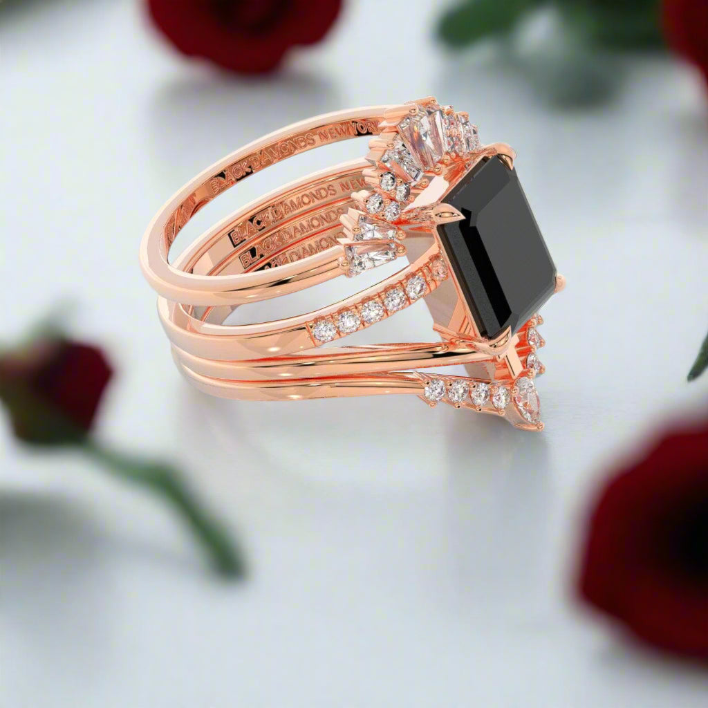 You Are Worth It- Black Emerald Cut Diamond Gothic Promise Ring Set
