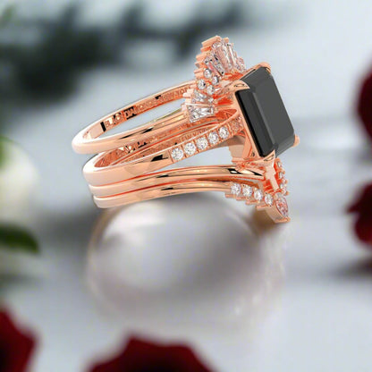 You Are Worth It- Black Emerald Cut Diamond Gothic Promise Ring Set