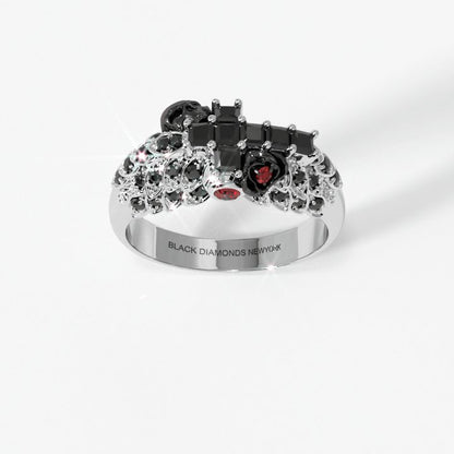 You're My Life- 14K Gold Skull, Cross Black Rose EVN™ and Diamond Gothic Promise Ring Custom Size (3-15 US)